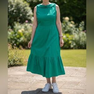 Boden Emerald Green Midi Dress Tiered Ruffle Linen Cotton Sundress 10 Tall Long